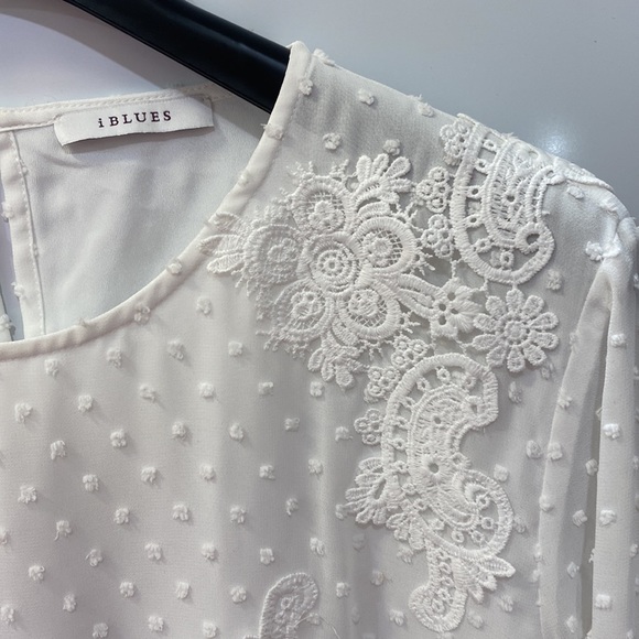 NWOT. I BLUES White dress with long sleeve embroidery Clip Dot Chiffon - Picture 5 of 16